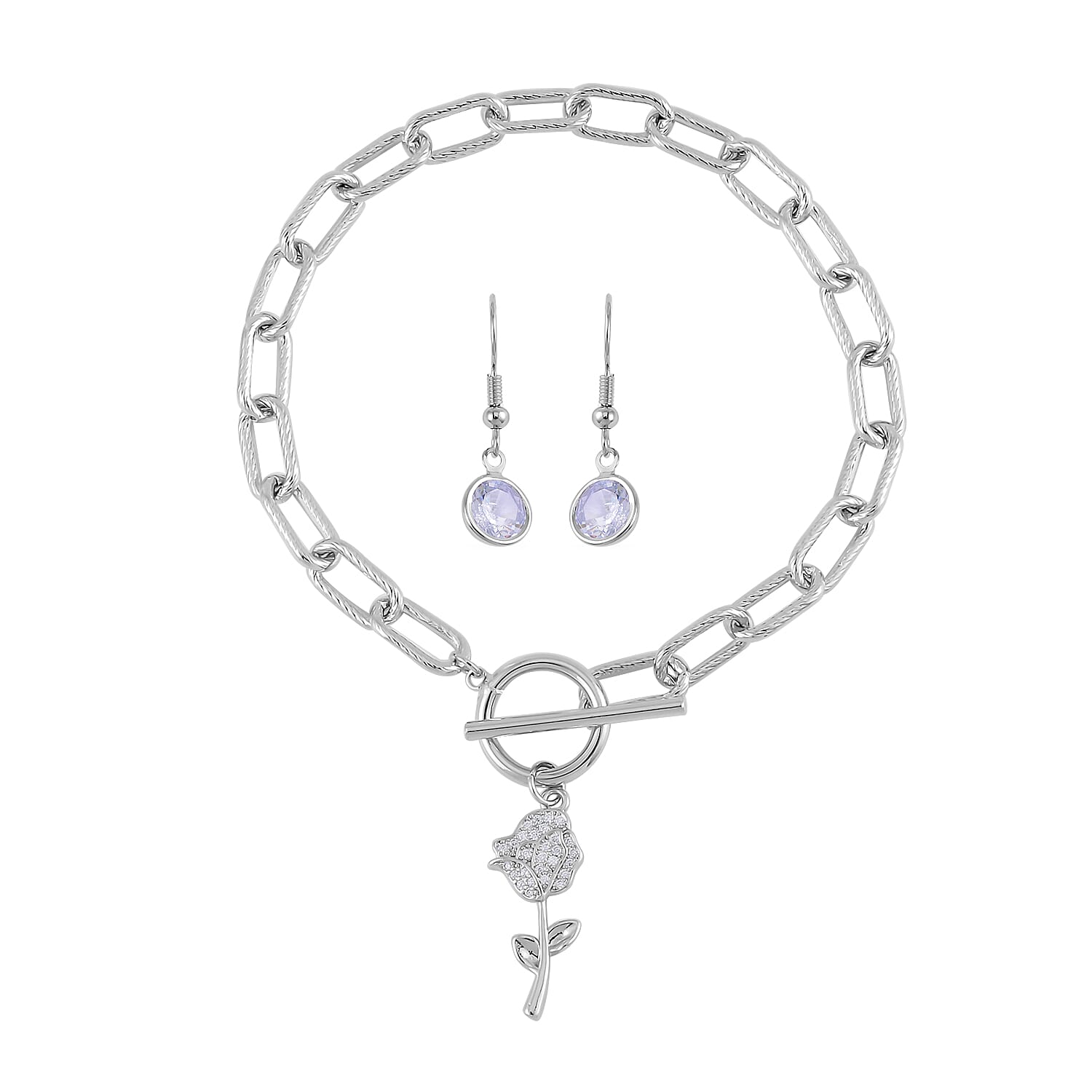 Simulated Diamond, Austrian Crystal Rose Charm Bracelet (7.50In) and Earrings in Silvertone