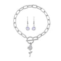 Simulated Diamond, Austrian Crystal Rose Charm Bracelet (7.50In) and Earrings in Silvertone - Sticky add to cart bar