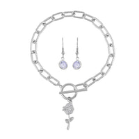 Simulated Diamond, Austrian Crystal Rose Charm Bracelet (7.50In) and Earrings in Silvertone