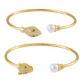 Set of 2 Simulated Pearl, Simulated Green and White Diamond Snake and Fox Head Cuff Bracelet in Goldtone (7.25 In) - Sticky add to cart bar