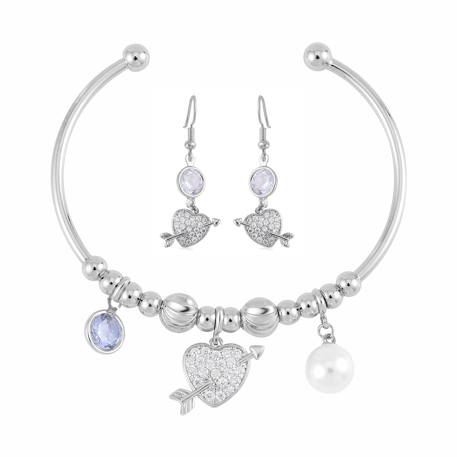 Simulated Pearl, Simulated Diamond, Austrian Crystal Bangle Bracelet (7.00In) and Earrings in Silvertone 1.10 ctw