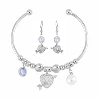 Simulated Pearl, Simulated Diamond, Austrian Crystal Bangle Bracelet (7.00In) and Earrings in Silvertone 1.10 ctw