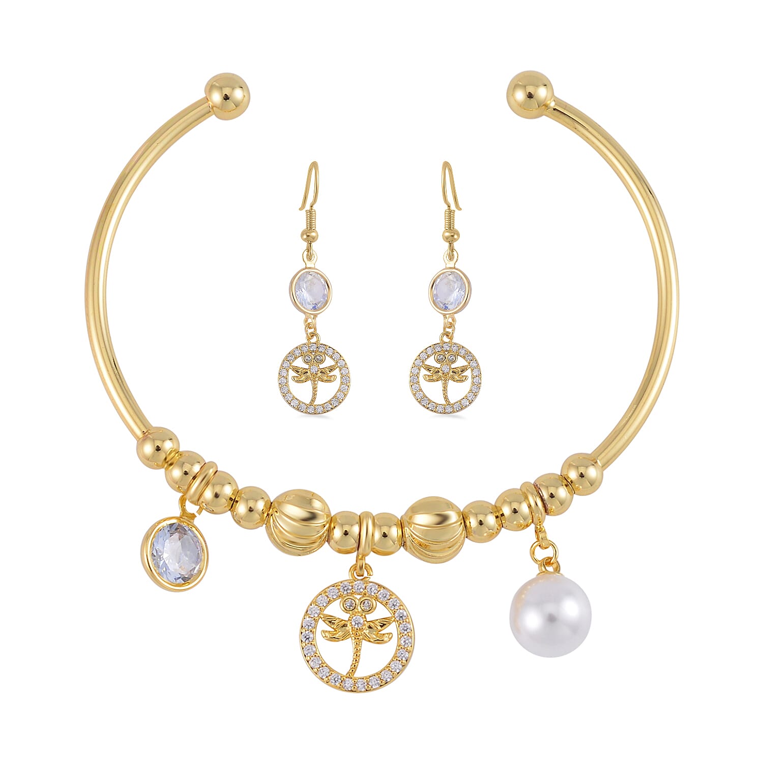 Simulated Pearl, Simulated Diamond, Austrian Crystal Bangle Bracelet (7.00In) and Earrings in Goldtone 0.80 ctw