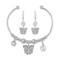Simulated Pearl, Simulated Diamond and Austrian Crystal Earrings and Cuff Bracelet (7.00 In) with Butterfly Charm in Silvertone 0.80 ctw - Sticky add to cart bar