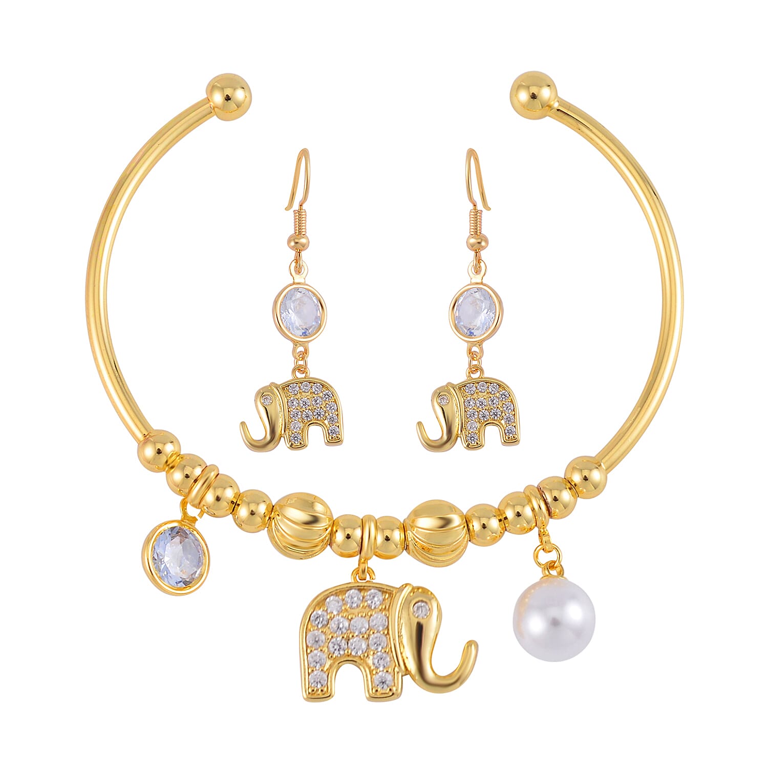 Simulated Pearl, Simulated Diamond, Austrian Crystal Earrings and Cuff Bracelet (7.00 In) with Elephant Charm in Goldtone 1.00 ctw