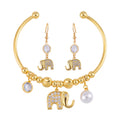 Simulated Pearl, Simulated Diamond, Austrian Crystal Earrings and Cuff Bracelet (7.00 In) with Elephant Charm in Goldtone 1.00 ctw - Sticky add to cart bar