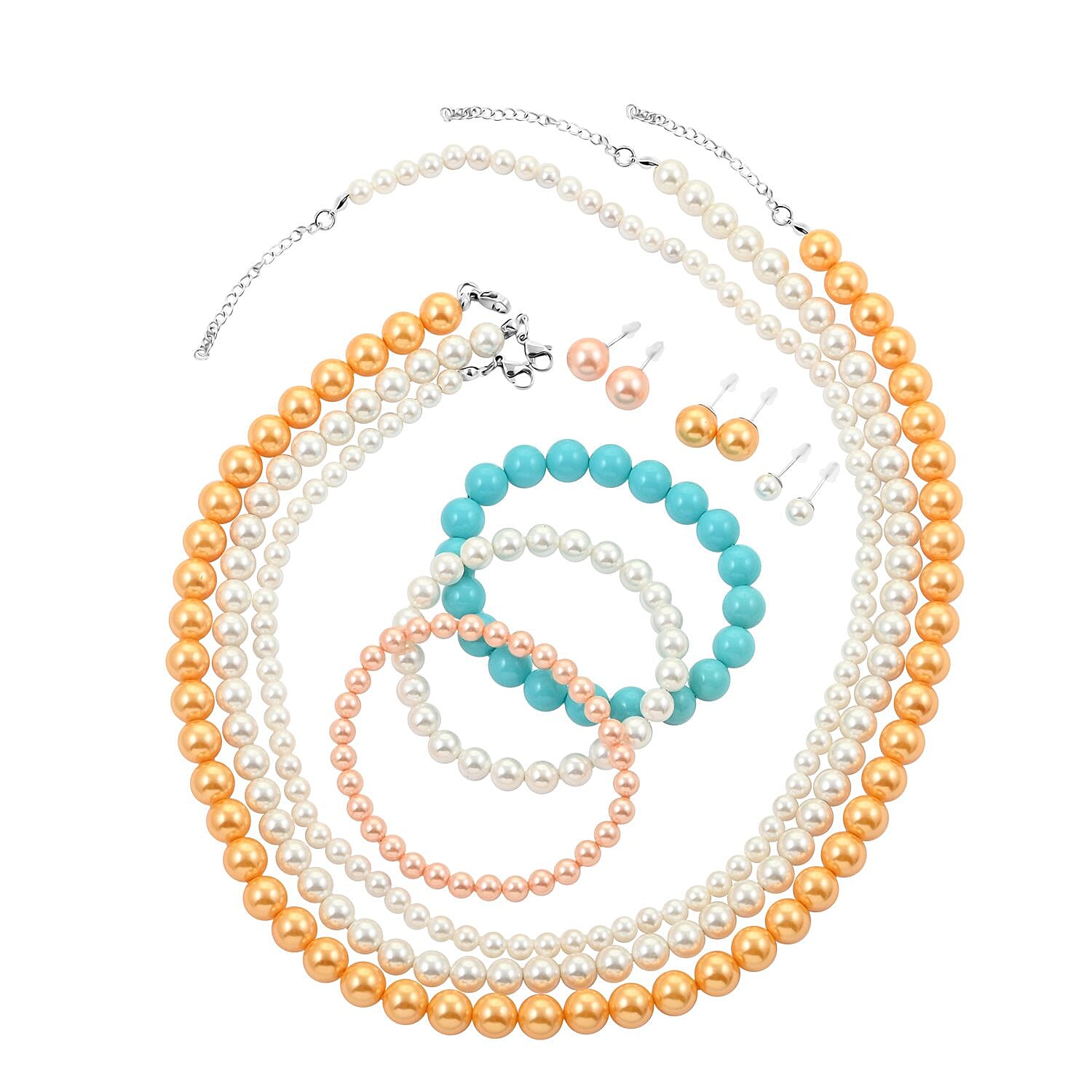 9pcs Set Multi Color Shell Pearl 3pcs Stretch Bracelet, 3pcs Stud Earrings and 3pcs Necklace 20-22Inches in Stainless Steel