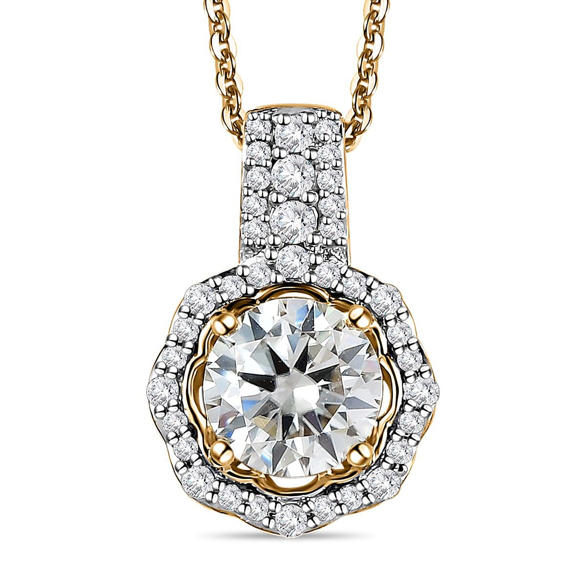 Moissanite Floral Pendant Necklace 20 Inches in Vermeil Yellow Gold Over Sterling Silver 1.60 ctw