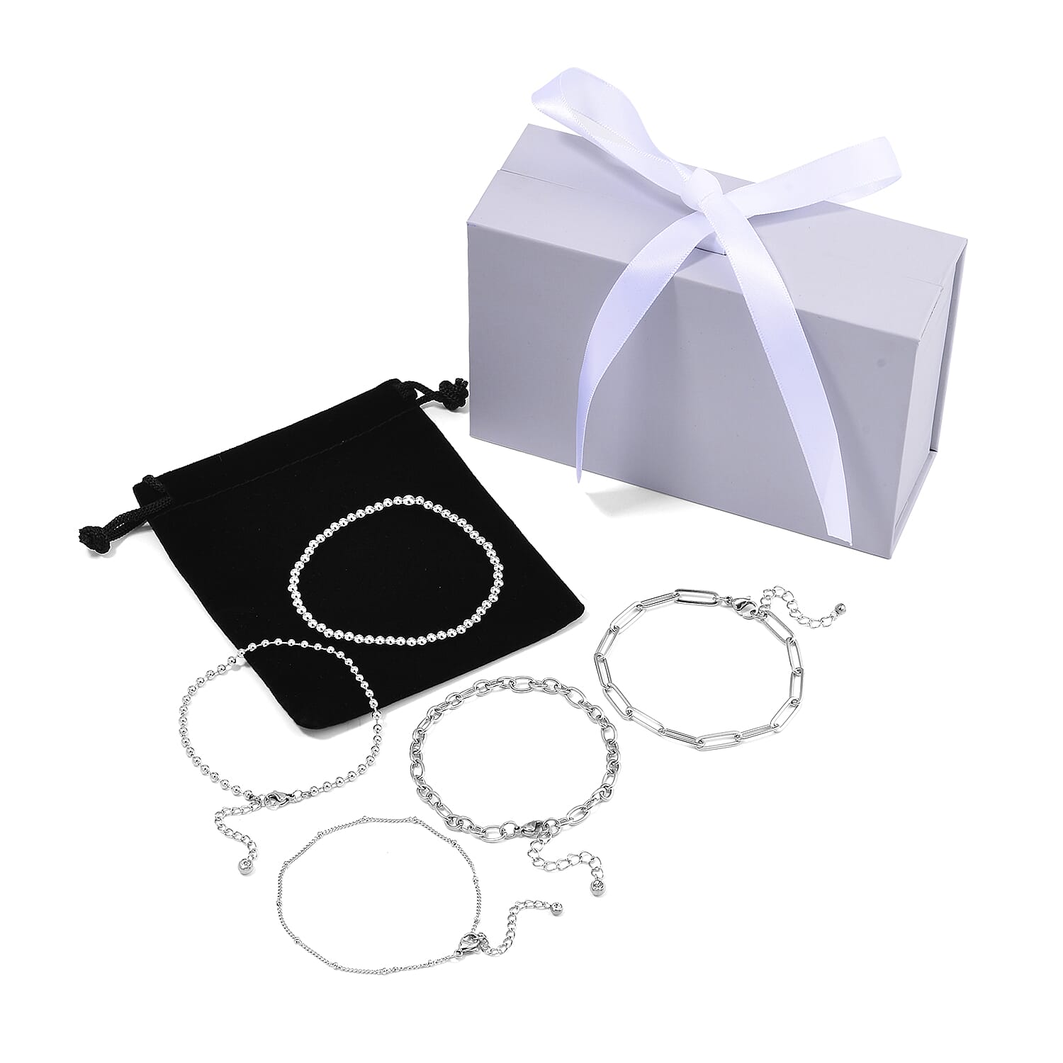 Set of 5 White Crystal Rolo, Oval, Beaded, Paper Clip Chain Bracelet in Stainless Steel (Adjustable) (7.50-9.00In)