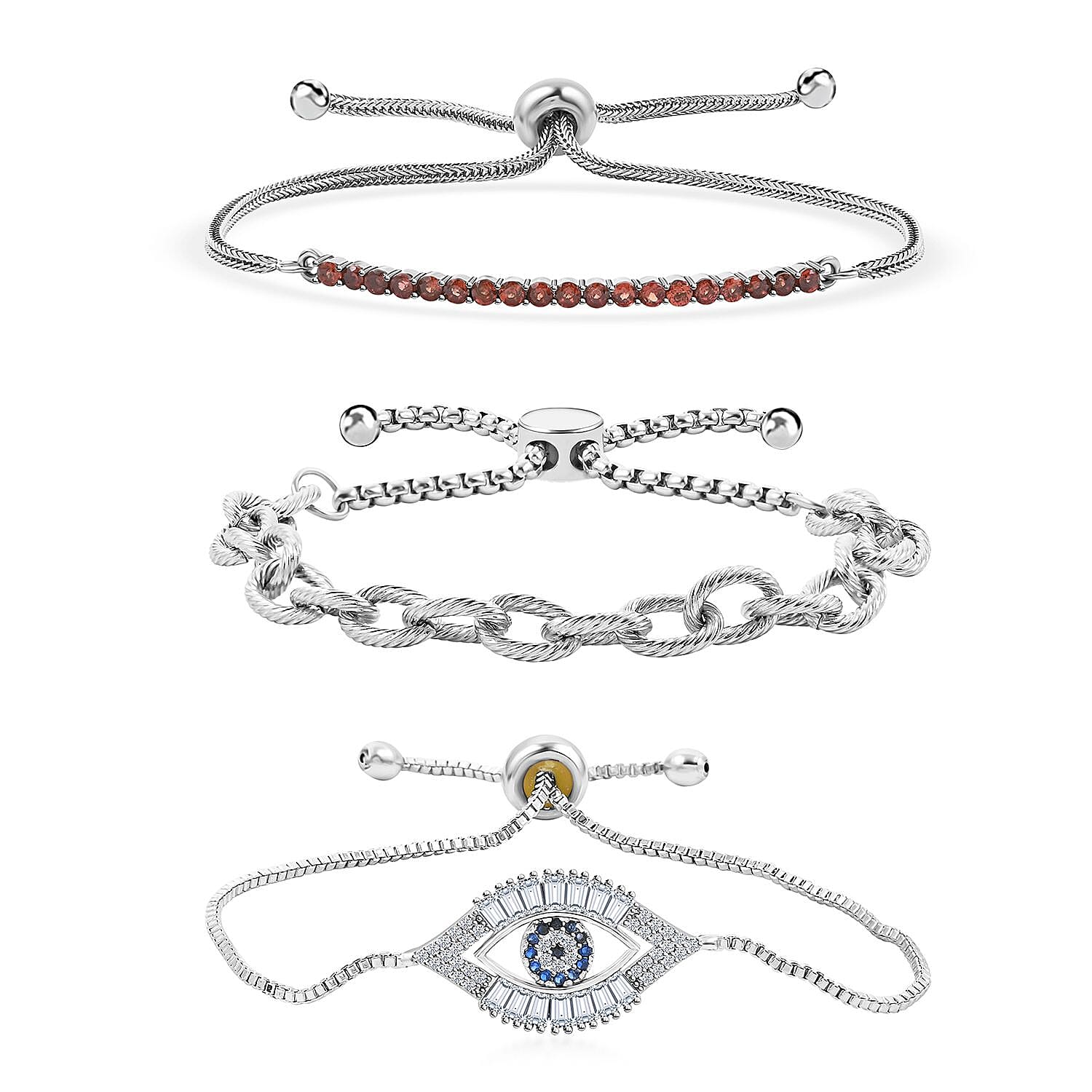 Set of 3 Mozambique Garnet and Multi Gemstone Bolo Bracelet in Stainless Steel & Silvertone 1.25 ctw