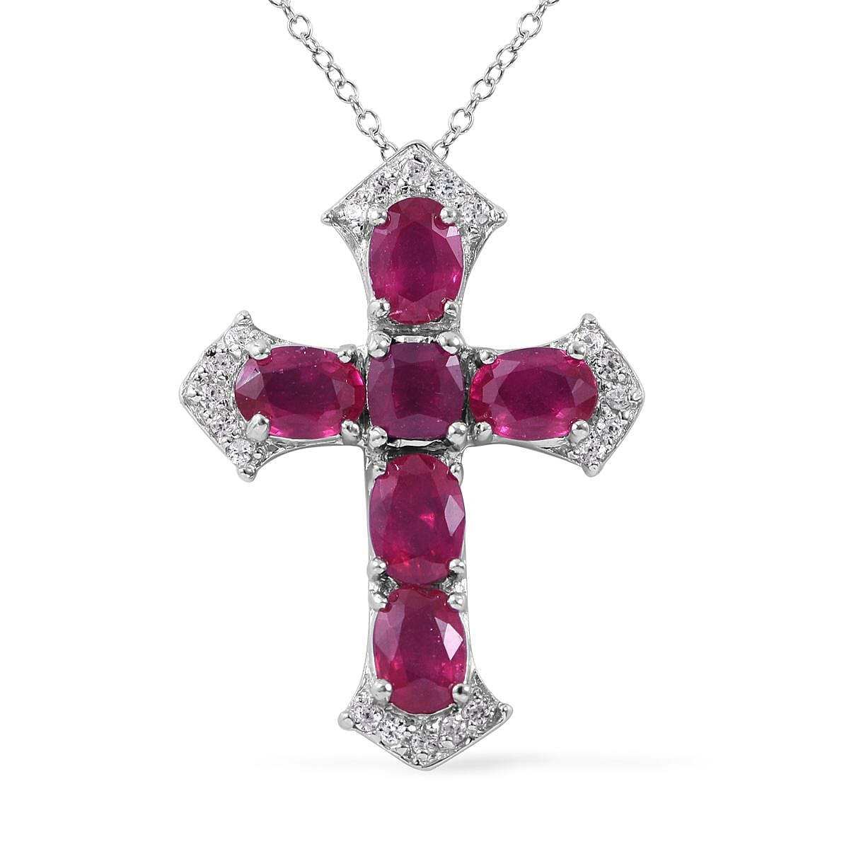 Niassa Ruby (FF) and White Zircon Cross Pendant Necklace 18 Inches in Platinum Over Sterling Silver 6.85 ctw