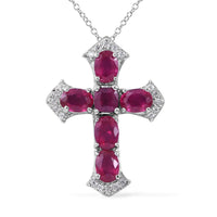 Niassa Ruby (FF) and White Zircon Cross Pendant Necklace 18 Inches in Platinum Over Sterling Silver 6.85 ctw