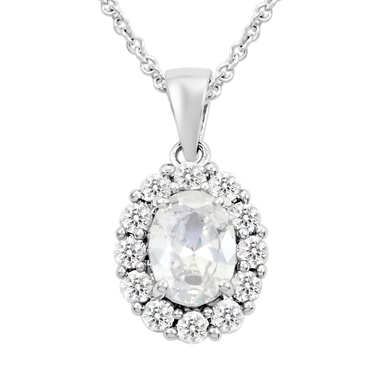 Simulated Diamond Pendant Necklace 18 Inches in Silvertone