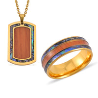 Abalone Shell, Enameled Men's Ring (Size 9.00) and Pendant Necklace 20 Inches in ION Plated YG Stainless Steel