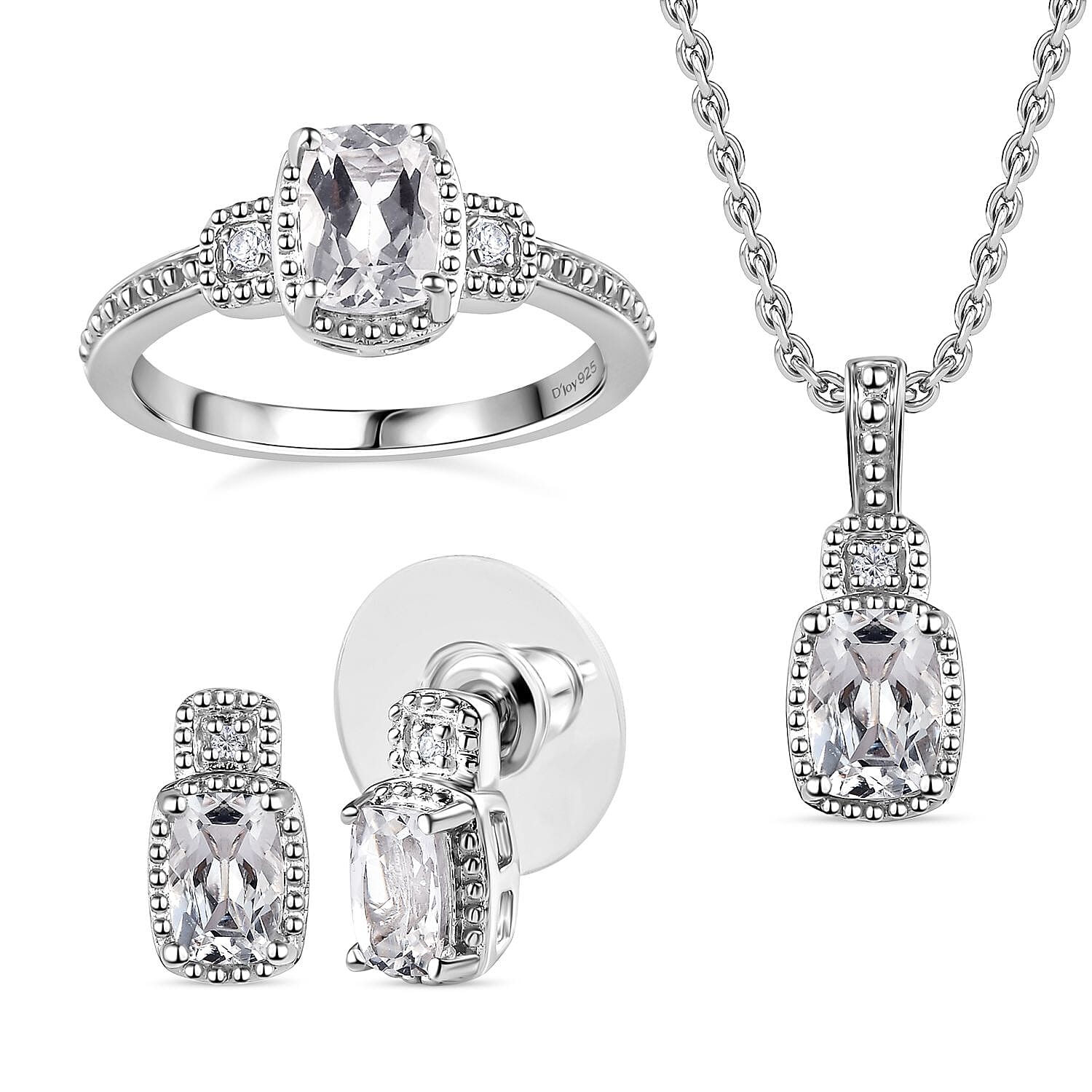 White Topaz and White Sapphire Halo Earrings, Ring (Size 7.0) and Pendant in Platinum Over Sterling Silver with Stainless Steel Necklace 20 Inches 3.75 ctw