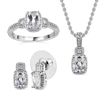 White Topaz and White Sapphire Halo Earrings, Ring (Size 7.0) and Pendant in Platinum Over Sterling Silver with Stainless Steel Necklace 20 Inches 3.75 ctw