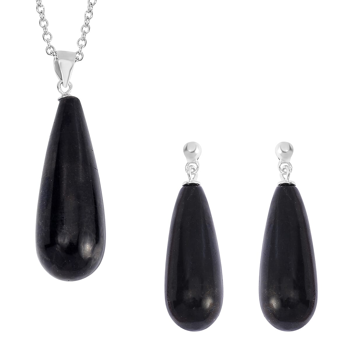 Shungite Earrings and Pendant Necklace 20 Inches in Rhodium Over Sterling Silver 55.50 ctw