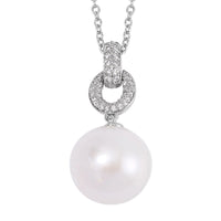 White Edison Pearl and Simulated Diamond Pendant in Silvertone with Stainless Steel Necklace 20 Inches 0.30 ctw