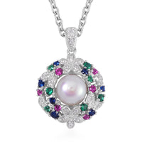 Freshwater Pearl and Multi Diamond Pendant with Stainless Steel Necklace