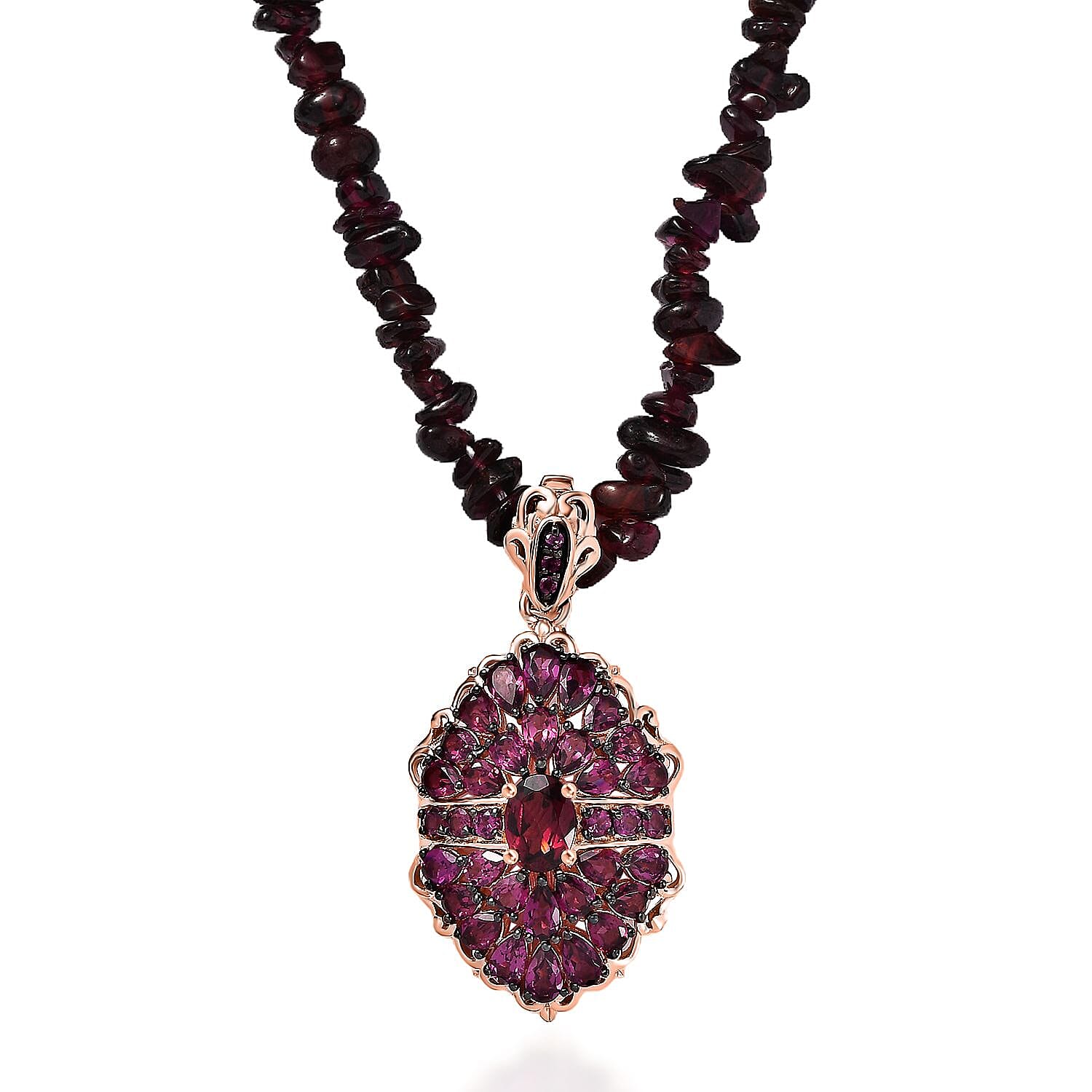 Orissa Rhodolite Garnet Cocktail Pendant with Beaded Necklace 18 Inches in Vermeil Rose Gold Over Sterling Silver 150.00 ctw