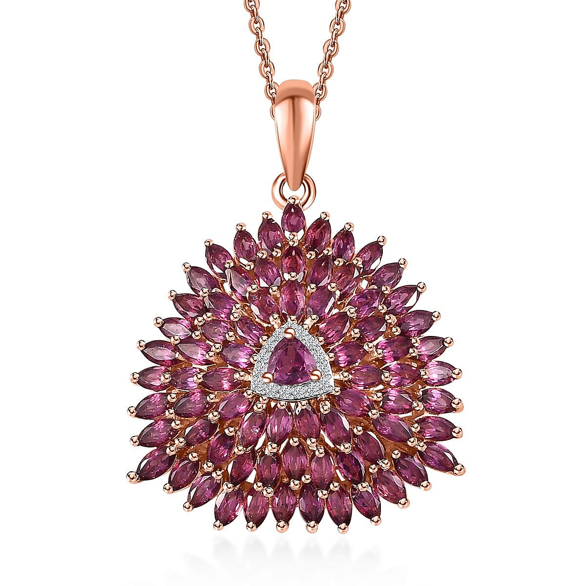 Orissa Rhodolite Garnet and White Zircon Spray Pendant Necklace 20 Inches in Vermeil Rose Gold Over Sterling Silver 7.70 ctw
