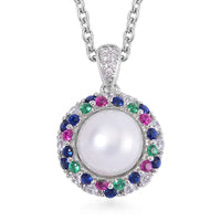 Freshwater Pearl Rainbow Diamond Pendant with Stainless Steel Necklace