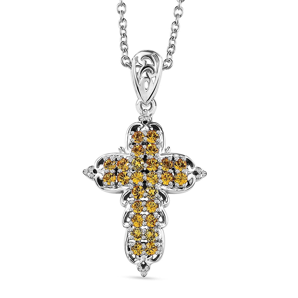 Sunflower Crystal Cross Pendant in Platinum Over Copper with Stainless Steel Necklace (20 Inches)