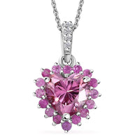Pink and White Moissanite, Madagascar Pink Sapphire Heart Pendant Necklace 20 Inches in Platinum Over Sterling Silver 2.60 ctw