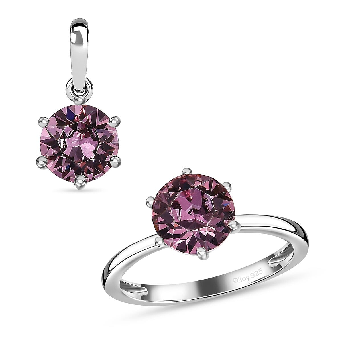 Antique Pink Crystal Solitaire Ring (Size 5.0) and Solitaire Pendant in Sterling Silver