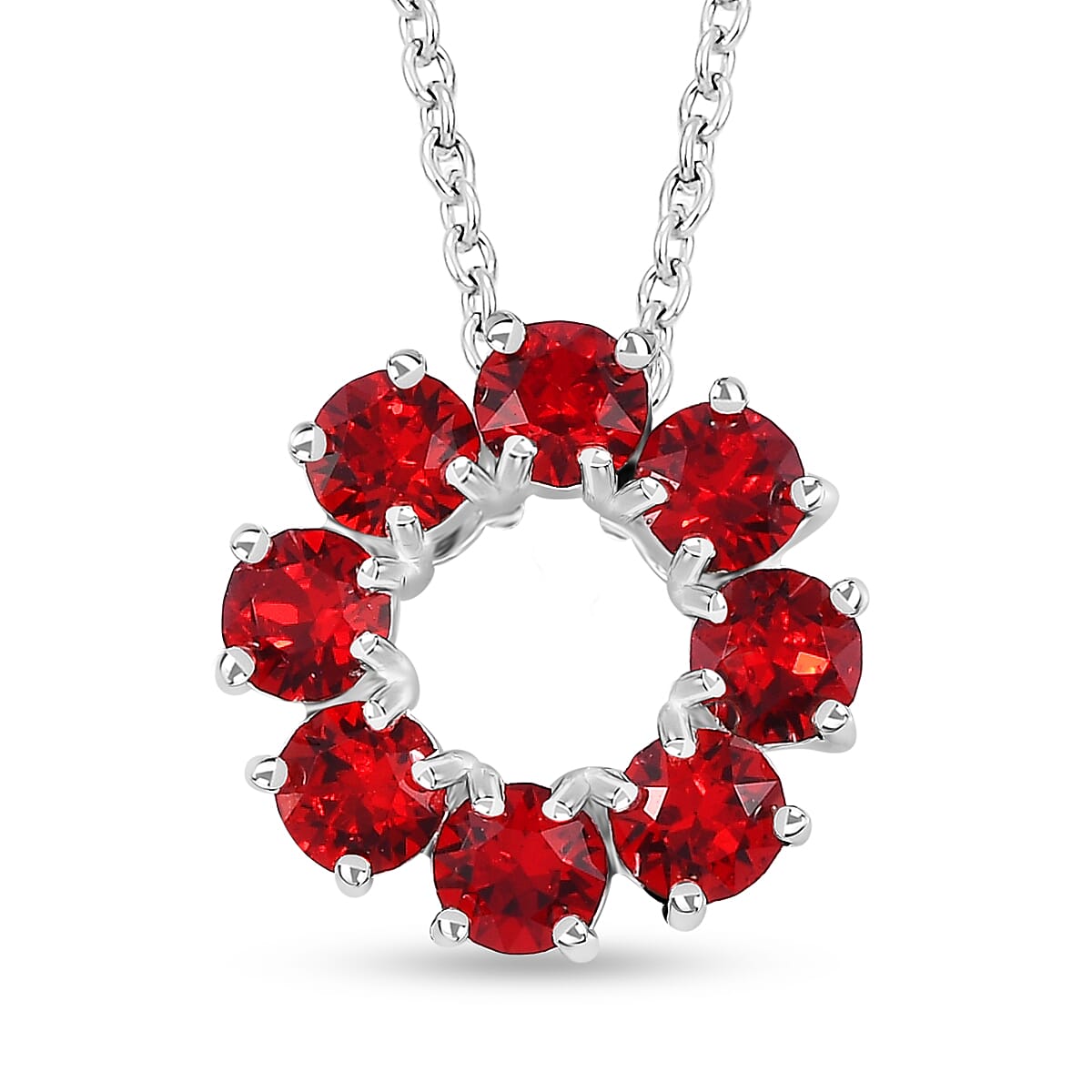 Light Siam Color Crystal Circle Pendant in Sterling Silver with Stainless Steel Necklace 20 Inches