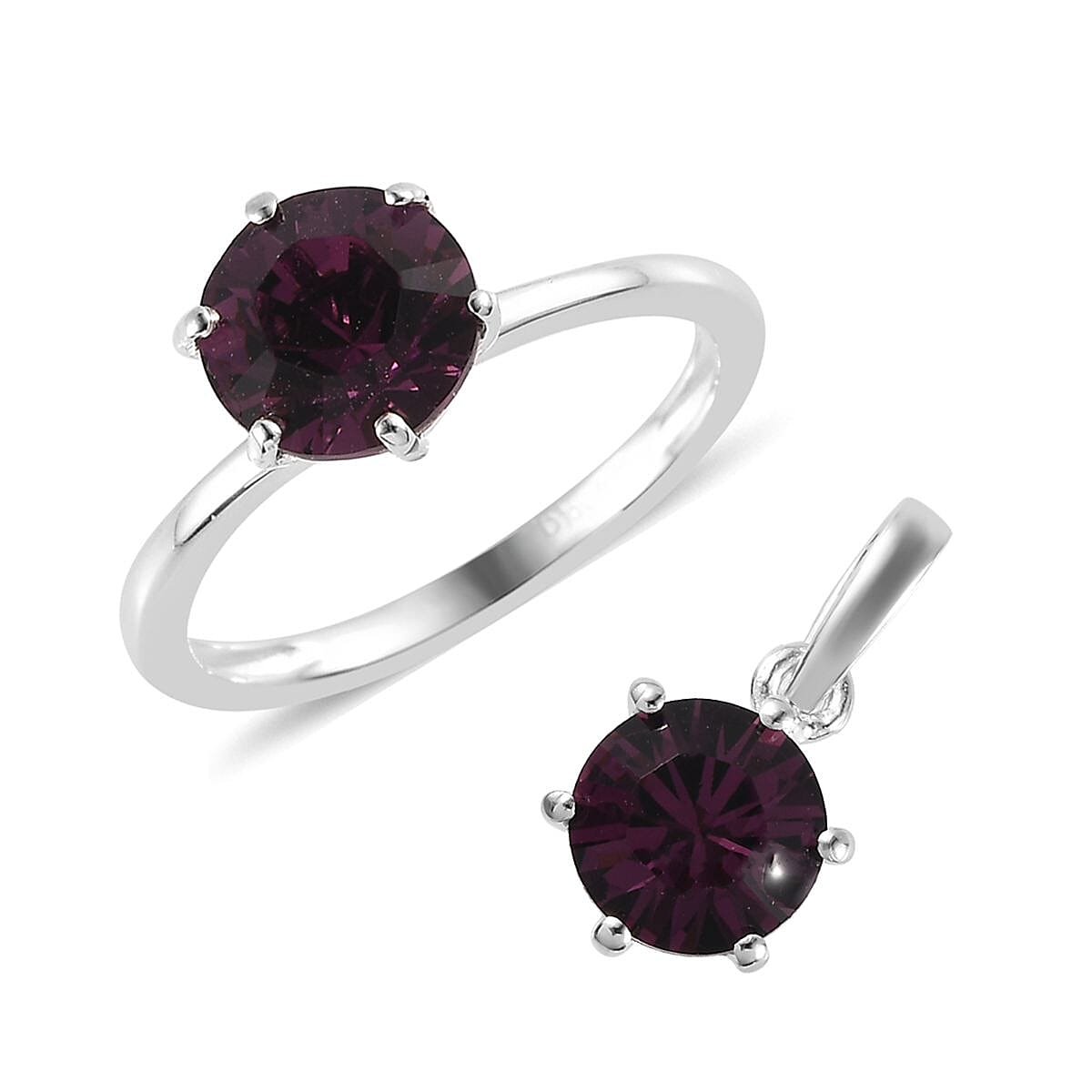 Foilback Amethyst Color Crystal Solitaire Ring (Size 5.00) and Pendant in Sterling Silver 2.50 ctw