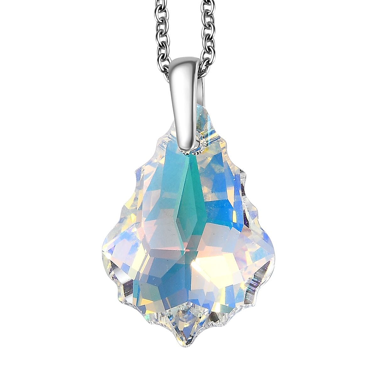 Aurora Borealis Crystal Pendant in Sterling Silver with Stainless Steel Chain 20 Inches