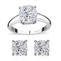 120 Facets Moissanite Solitaire Stud Earrings and Ring in Platinum Over Sterling Silver (Size 6.0) 4.40 ctw