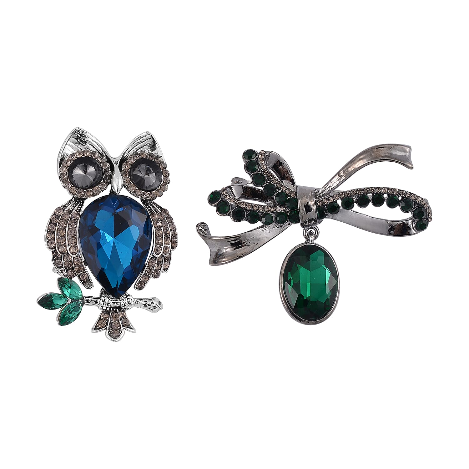 Set of 2 Blue and Green Glass, Green and Grey Austrian Crystal Owl and Ribbon Brooch in Silvertone