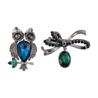 Set of 2 Blue and Green Glass, Green and Grey Austrian Crystal Owl and Ribbon Brooch in Silvertone