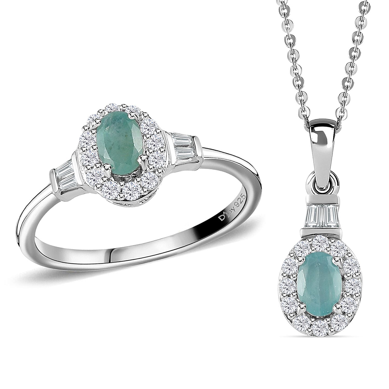 Grandidierite, White Zircon Halo Ring (Size 5.0) and Pendant Necklace 20 Inches in Platinum Over Sterling Silver 1.75 ctw