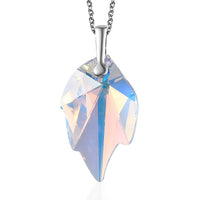 Aurora Borealis Crystal Leaf Pendant in Sterling Silver with Stainless Steel Chain 20 Inches