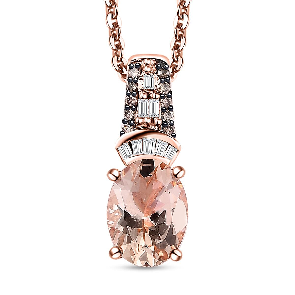 Premium Pink Morganite, Natural Champagne and White Diamond Pendant Necklace 20 Inches in Vermeil Rose Gold Over Sterling Silver 1.35 ctw