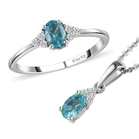 Madagascar Paraiba Apatite, Moissanite Ring (Size 5.0) and Pendant Necklace 20 Inches in Platinum Over Sterling Silver 1.15 ctw
