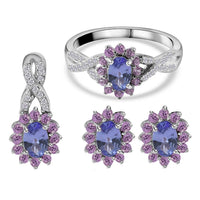 TLV Tanzanite (Ovl), Madagascar Pink Sapphire and White Zircon Floral Stud Earrings, Ring (Size 8) and Pendant in Platinum Over Sterling Silver 3.00 ctw