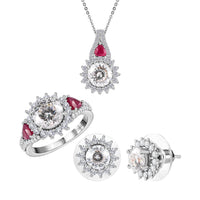 TLV 120 Facet Moissanite (Rnd 8mm), Niassa Ruby (FF) Stud Earrings, Ring (Size 6.0) and Pendant Necklace (20 Inches) in Platinum Over Sterling Silver 8.20 ctw