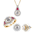 120 Facet Moissanite (Rnd 8mm), Niassa Ruby (FF) Stud Earrings, Ring (Size 6.0) and Pendant Necklace (20 Inches) in Vermeil YG Over Sterling Silver 8.20 ctw - Sticky add to cart bar