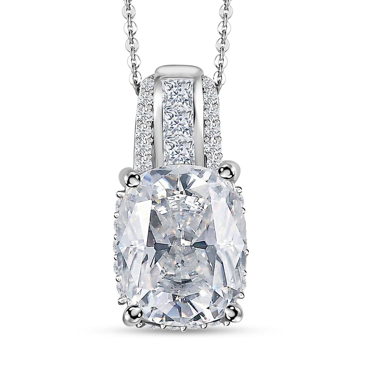 TLV Moissanite (Cush 10x8 mm) Pendant Necklace (20 Inches) in Platinum Over Sterling Silver 3.85 ctw