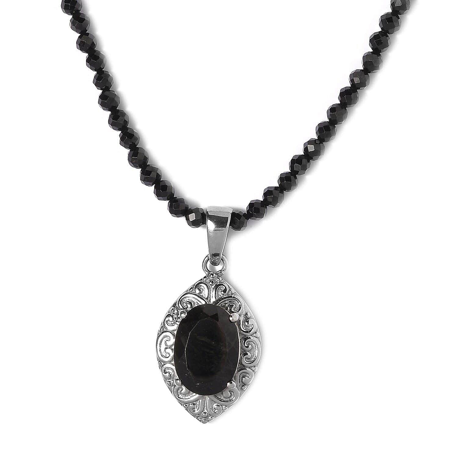 Australian Black Tourmaline Pendant With Quartzite Beaded Necklace 20 Inches in Stainless Steel 61.10 ctw
