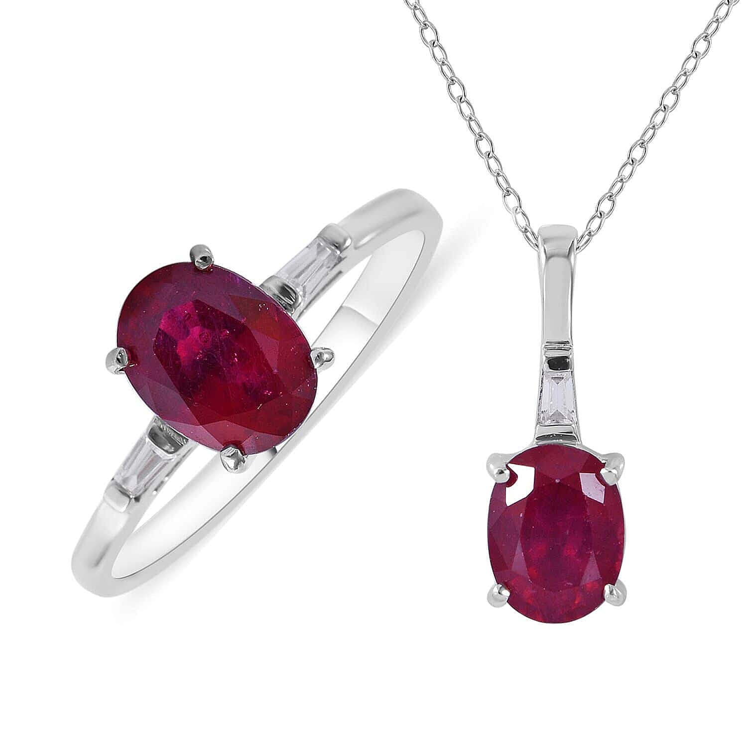 Premium Niassa Ruby (FF), White Zircon Ring (Size 9.0) and Pendant Necklace (18 Inches) in Platinum Over Sterling Silver 3.60 ctw