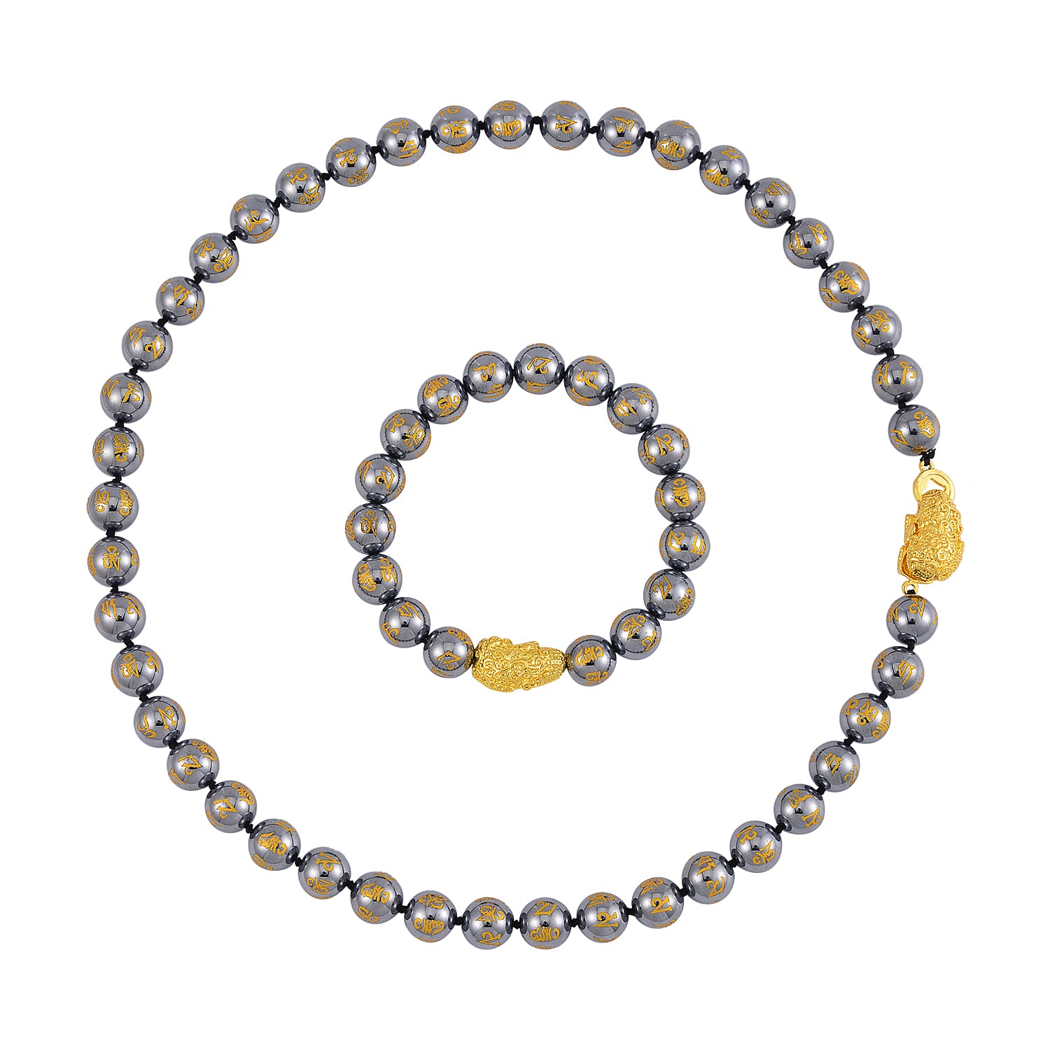 TLV Terahertz Feng Shui Engraved Beaded Necklace (20 Inches) and Stretch Bracelet with Pi Xiu Charm in Goldtone 406.00 ctw