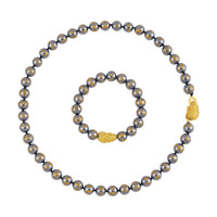 TLV Terahertz Feng Shui Engraved Beaded Necklace (20 Inches) and Stretch Bracelet with Pi Xiu Charm in Goldtone 406.00 ctw