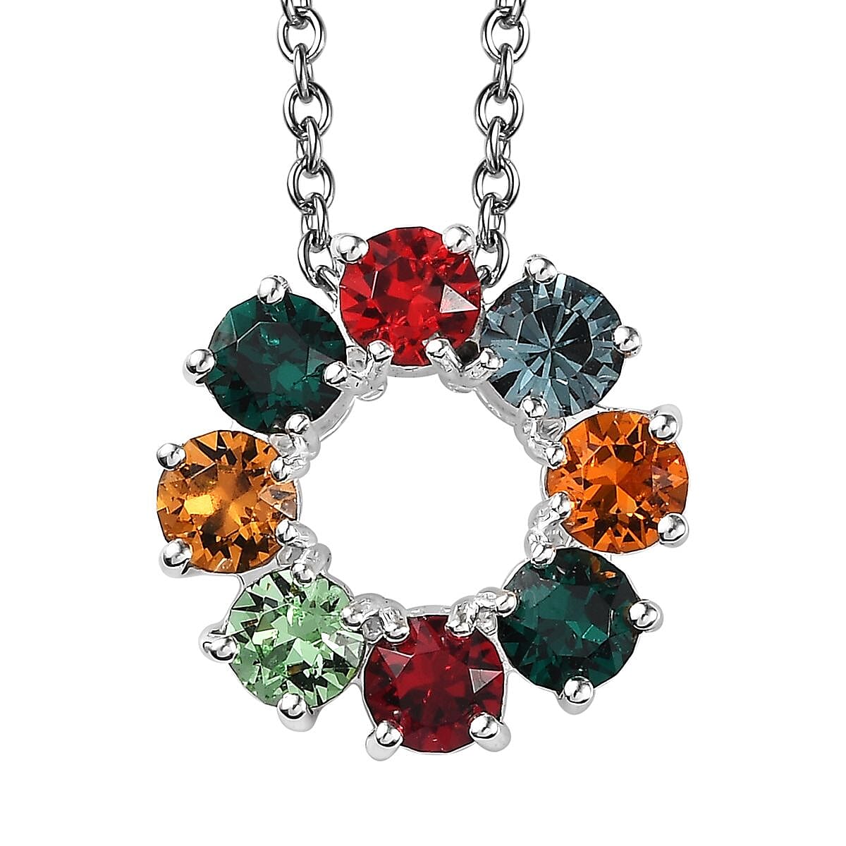 Multi Color Crystal Circle Pendant in Sterling Silver with Stainless Steel Chain 20 Inches