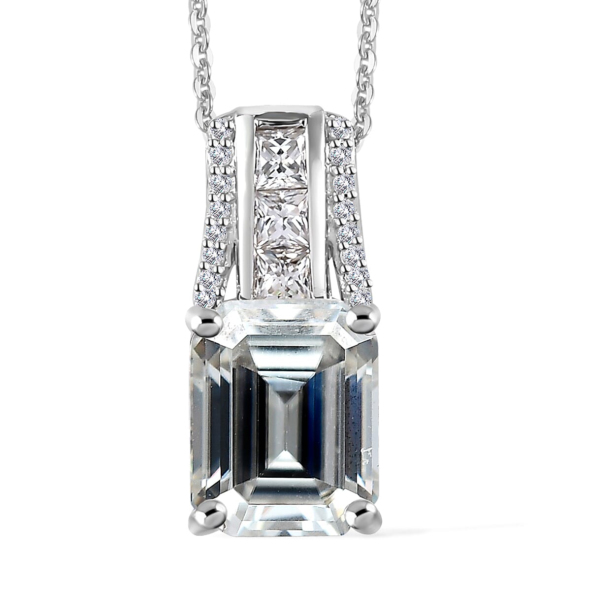 Moissanite (Oct 10x8mm) Pendant Necklace (20 Inches) in Platinum Over Sterling Silver 4.10 ctw