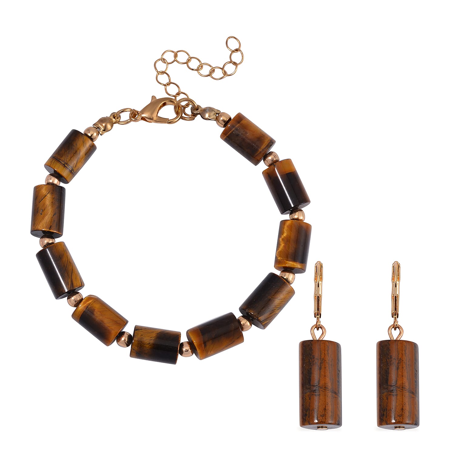One Time Only 2 Piece Set - Yellow Tiger's Eye Bracelet (7.00-9.00In) and Lever Back Earrings in Goldtone 136.40 ctw